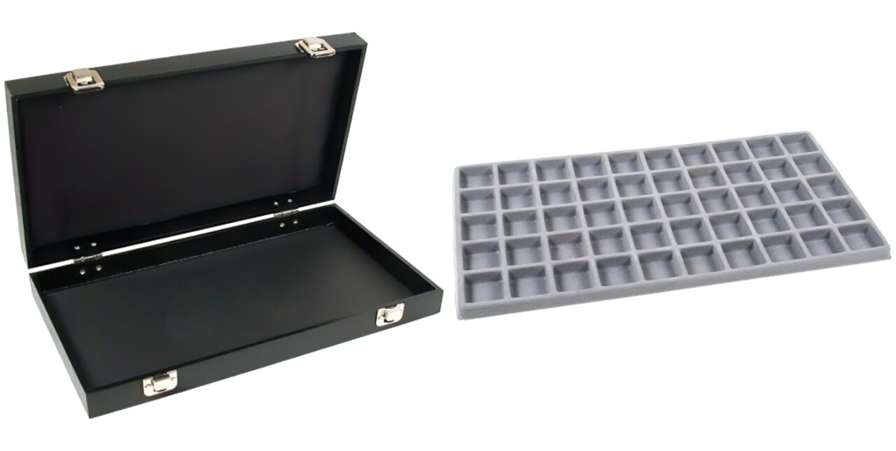 Black Jewelry Case (2xMetal Clasps & Removable Lid) w/ Gray 50-slot Plastic Tray